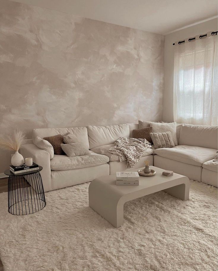 a living room filled with furniture and a white rug