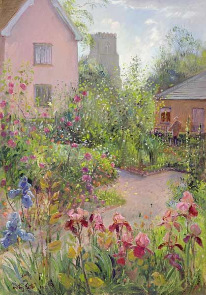 a painting of a garden with flowers and buildings in the background