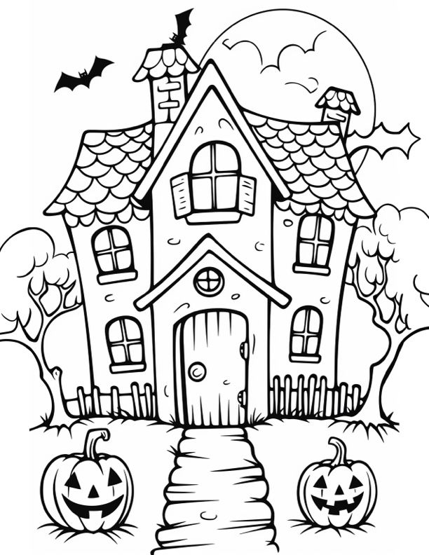 a house with pumpkins and bats in front of it, outlined on a white background