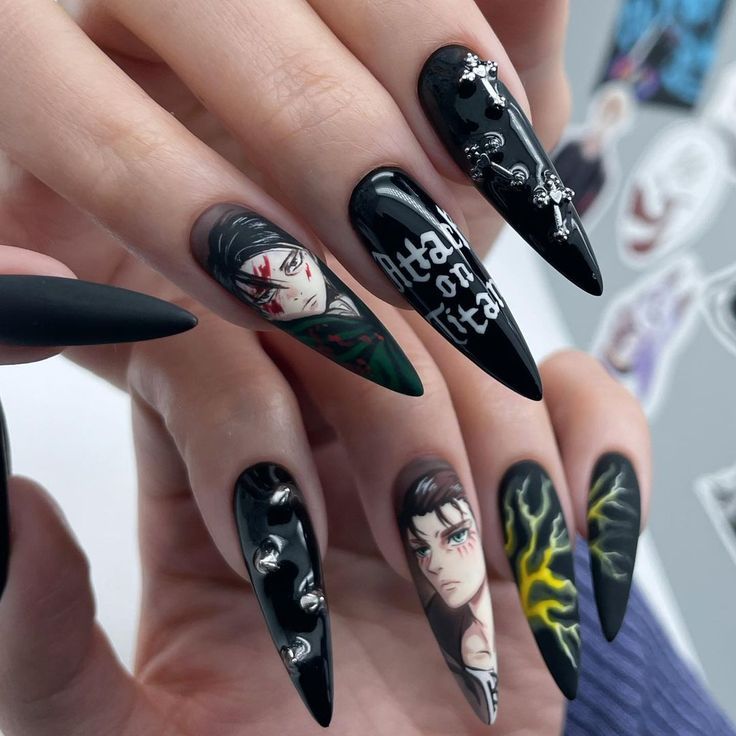 Anime Nail Art, Anime Nail, Yellow Nails Design, Maroon Nails, Anime Nails, Goth Nails, Dope Nail Designs, Pretty Nail Art Designs, Titan Anime