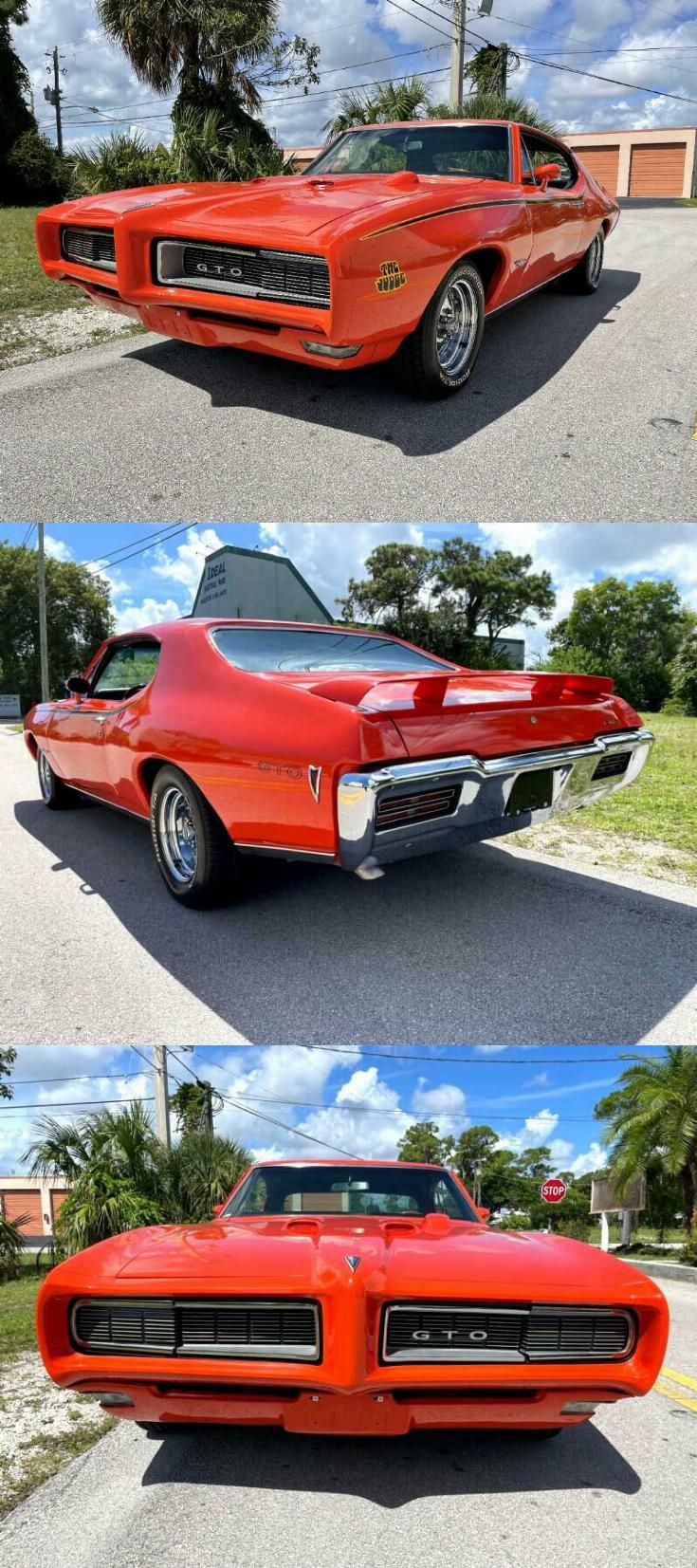 two pictures of an old red car in different stages of being taken from the front and back