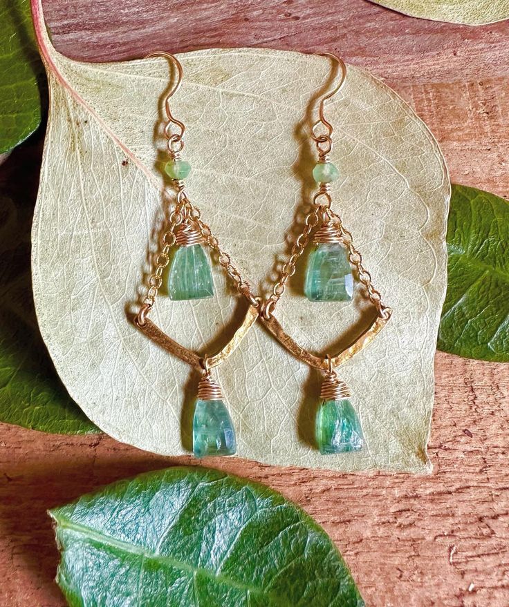 Gold filled dangle earrings with kyanite and chalcedony gemstones Green Gemstone Hoop Earrings, Green Emerald Hoop Earrings In Fine Jewelry Style, Green Emerald Hoop Earrings Fine Jewelry, Fine Jewelry Emerald Hoop Earrings In Green, Emerald Hoop Earrings Gift, Emerald Green Hoop Earrings Fine Jewelry, Green Gemstone Dangle Hoop Earrings, Green Gemstone Hoop Earrings As Gift, Green Gemstone Hoop Earrings In Fine Jewelry Style