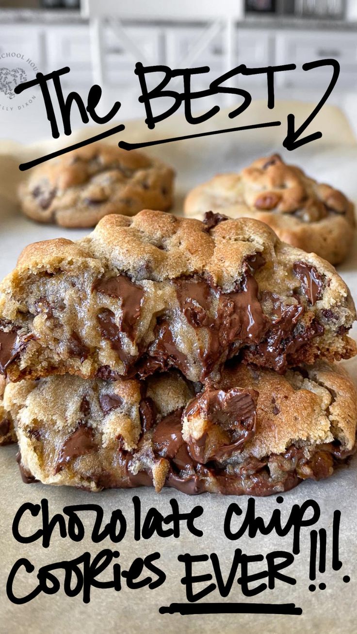 chocolate chip cookies stacked on top of each other with the words, the best 2 chocolate chip cookies ever