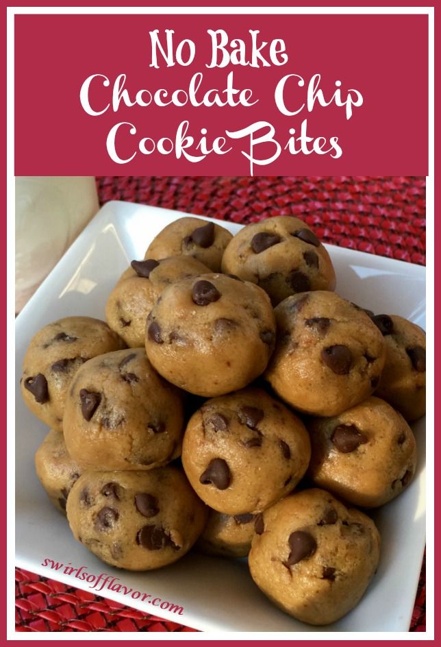 no bake chocolate chip cookie bites on a plate with text overlay that reads, no bake chocolate chip cookies