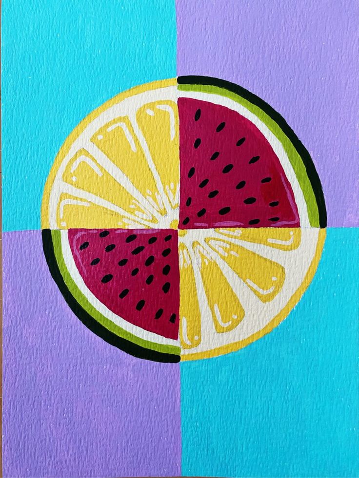 a piece of fruit painted on top of purple and blue paper