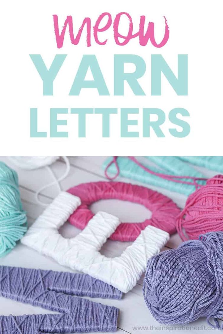 yarn yarn letters with the words meow yarn letters in front of them and knitting supplies