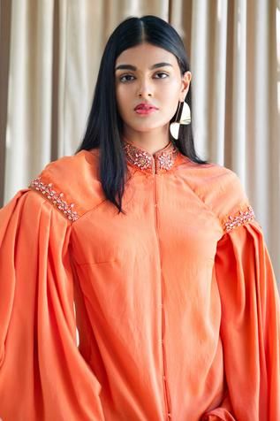 Shop for Labbada Orange Silk Shirt for Women Online at Aza Fashions Collar Shirt For Women, Mandarin Collar Shirt, Pleated Sleeves, Orange Top, Orange Shirt, Embroidered Neckline, Spring Tops, Shirt For Women, Online Tops