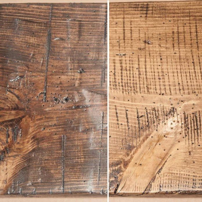 two pictures of wood that have been stripped and stained with brown paint, one showing peeling