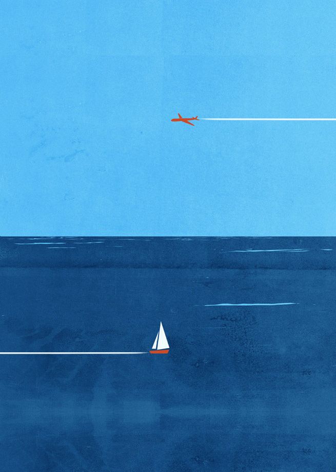 an airplane is flying over the ocean with a sailboat in it's foreground