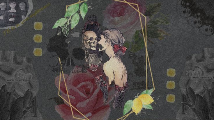 two people are standing next to each other in front of a rose and skeleton wallpaper