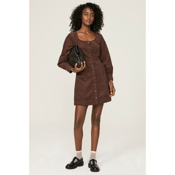 Brown corduroy (100% Cotton). Hourglass. Long sleeves. Scoop neck. Front button closure. 34" from shoulder to hemline. Imported. Brown Corduroy, Rent The Runway, Closet Designs, Button Down Dress, Brown Dress, Madewell, Puff Sleeve, Scoop Neck, Long Sleeve