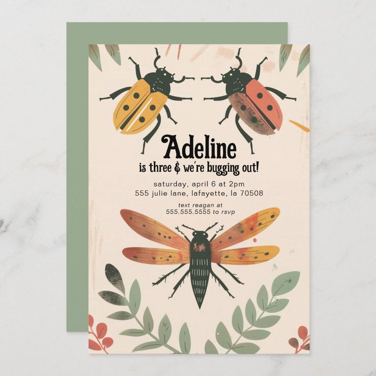 a card with two bugs and leaves on it that says, addine is there & we're bugging out