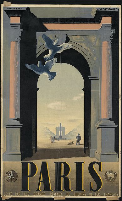 an advertisement for paris with birds flying over the arch and city in the background, vintage travel poster