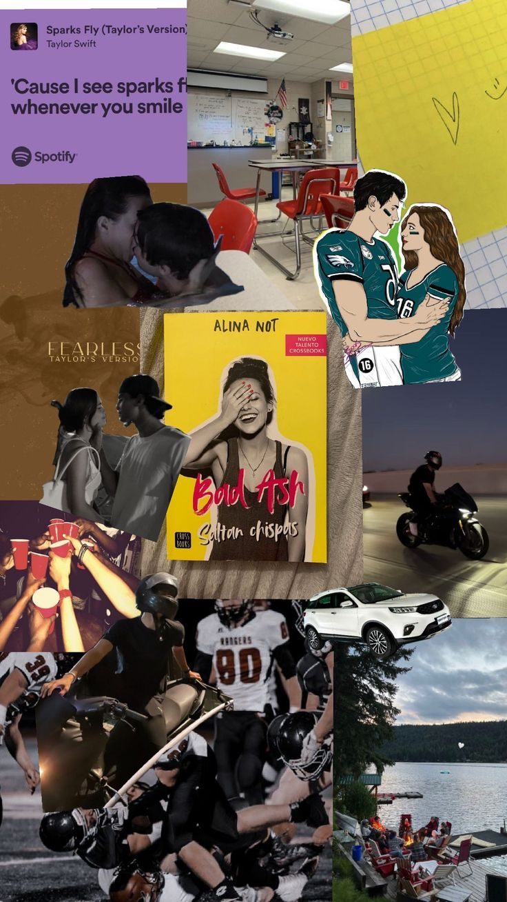 the collage has many different pictures and words on it, including an image of two people