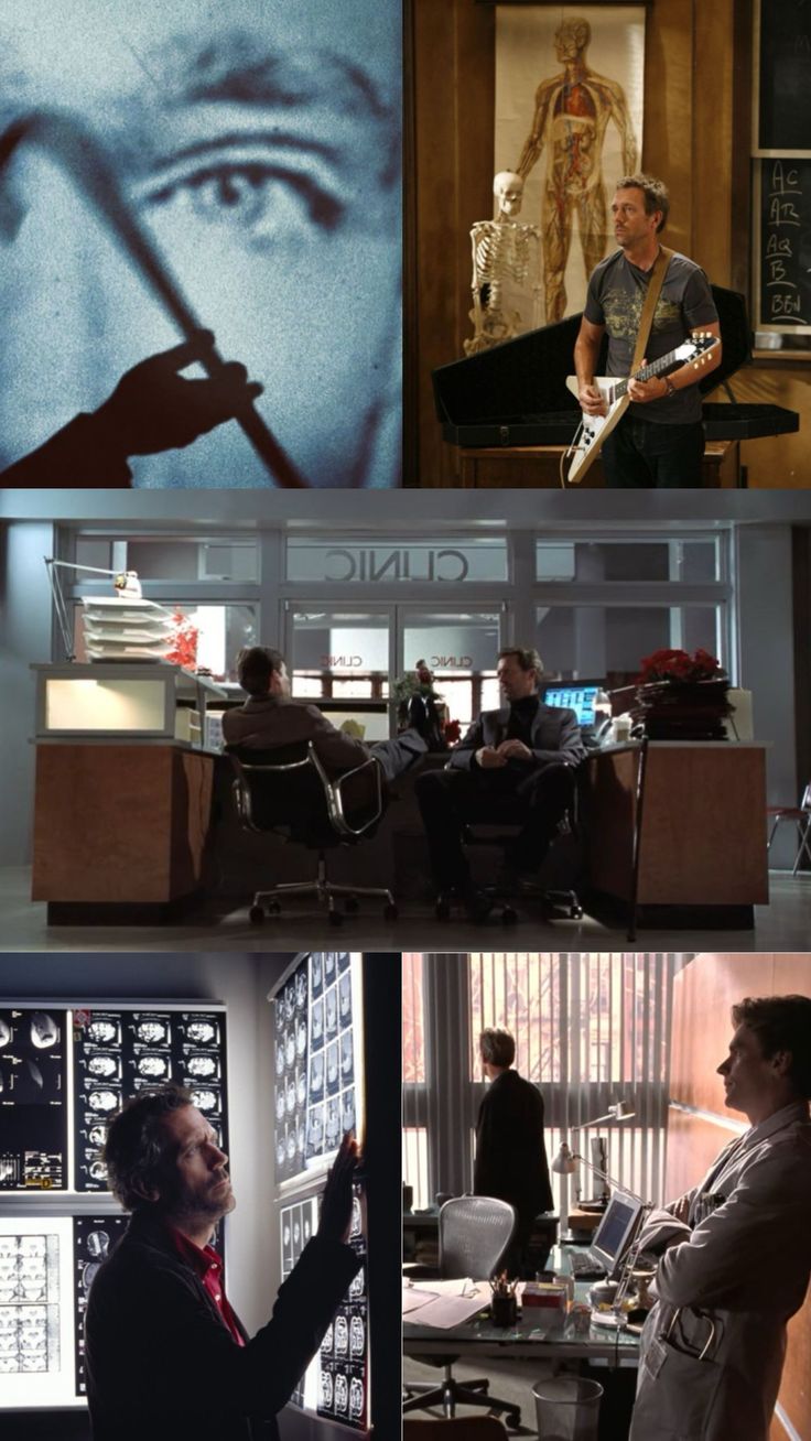 four different shots of people in an office and on the television screen, with one man playing guitar