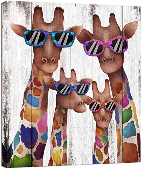 two giraffes wearing sunglasses are standing next to each other