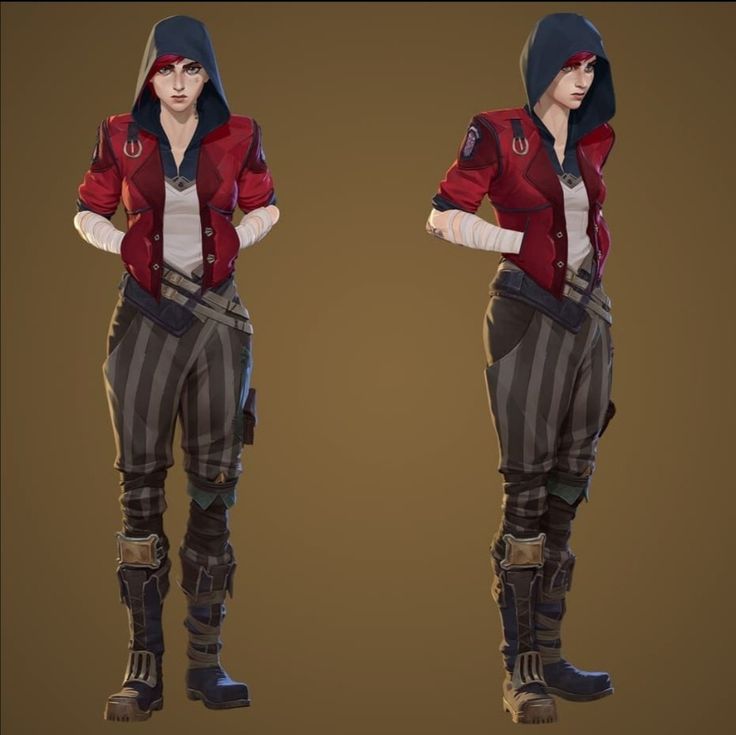 two different views of a female character in red and black clothing, one with her hands on her hips