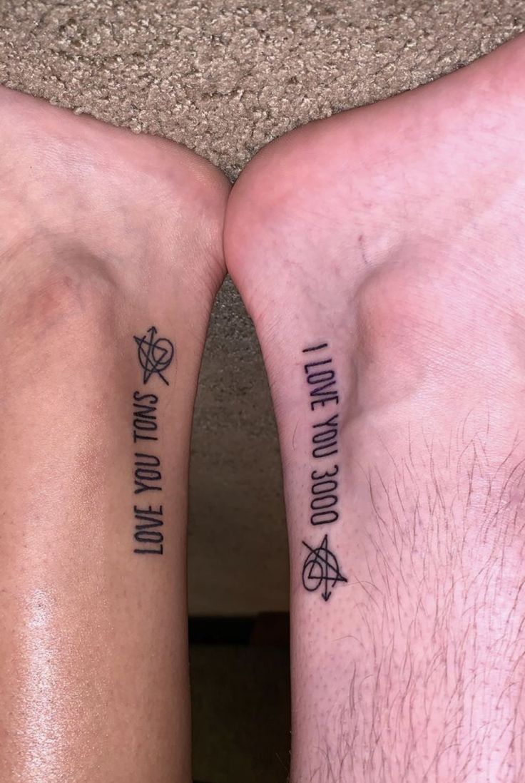 two people with matching tattoos on their legs that say i love you and harry potter