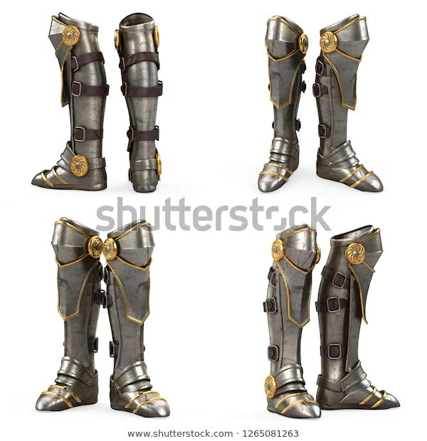 four different views of the legs and feet of medieval knight armor, with gold accents