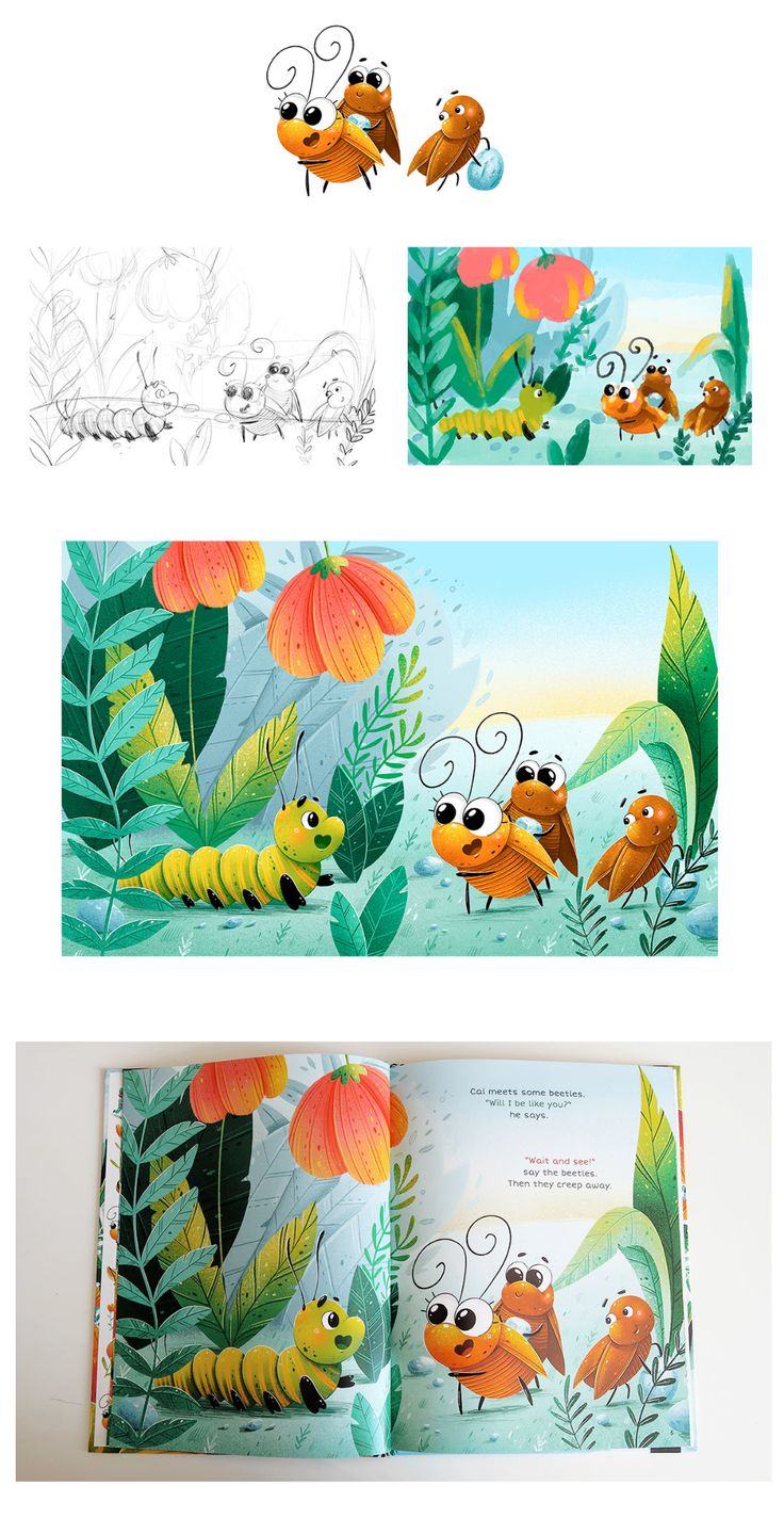 an open children's book with pictures of bugs and flowers on it, in the middle