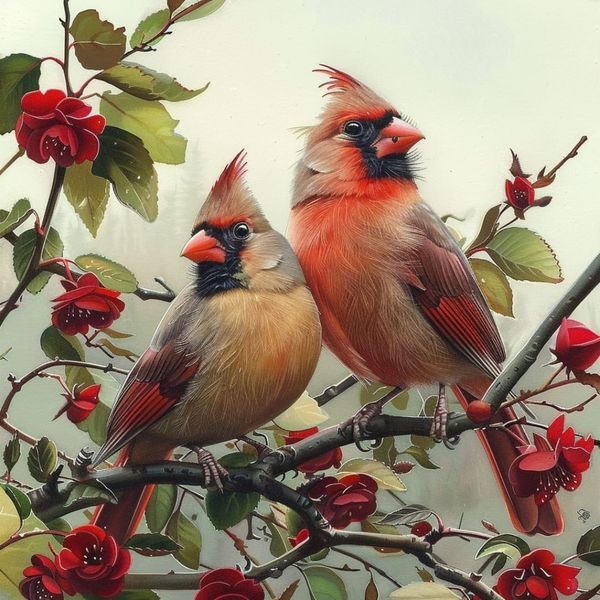 two birds sitting on top of a tree branch with red flowers in the foreground