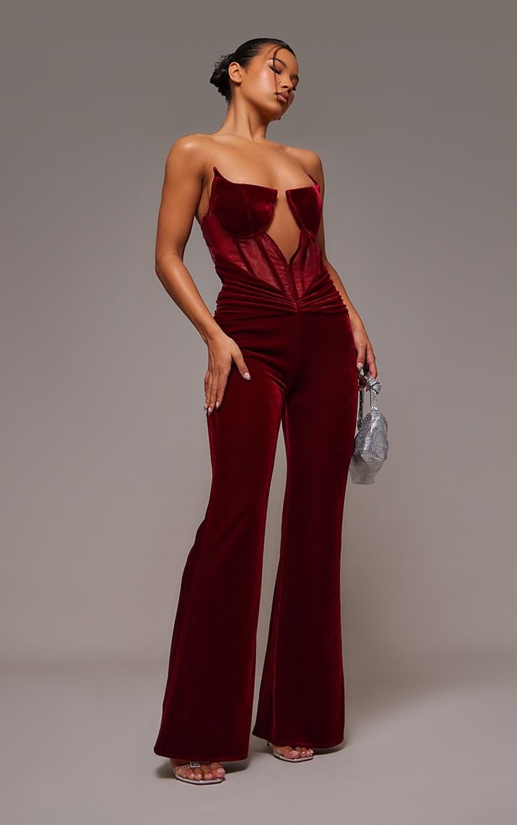 Take the stress out of weekend styling with this unreal cherry red velvet corset bandeau ruched jumpsuit. Brought to you in a cherry red velvet material with a bandeau style and ruched detailing, you really can't go wrong with this jumpsuit doll. Style with clear strap heels and gold accessories for a look that will have eyes on you for all the right reasons.   Length approx 154cm/60.5 (Based on a sample size UK 8)   Model wears size UK 8/ EU 36/ AUS 8/ US 4   Model Height - 5ft 6 Ruched Jumpsuit, Formal Jumpsuits, Bandeau Jumpsuit, Xmas Outfit, Burgundy Jumpsuit, Clear Strap Heels, Velvet Corset, Formal Jumpsuit, Velvet Romper