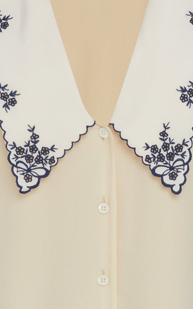 Miu Miu Collared V-Neck Button Down Top Top With Collar, Embroidery On Collar, Embroidered Collar Shirt, Chic Embroidered Collared Tops, Classic Embroidered Collared Tops, Collar Embroidery Design, Miu Miu Collared Tops For Work, Miu Miu Embroidery Details, Miu Miu Cotton Collared Tops