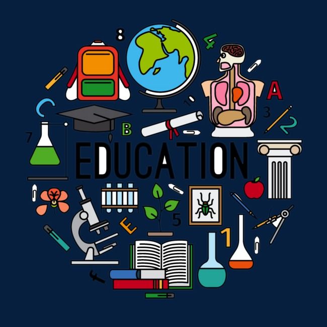 the word education surrounded by school supplies and science related items on a dark blue background