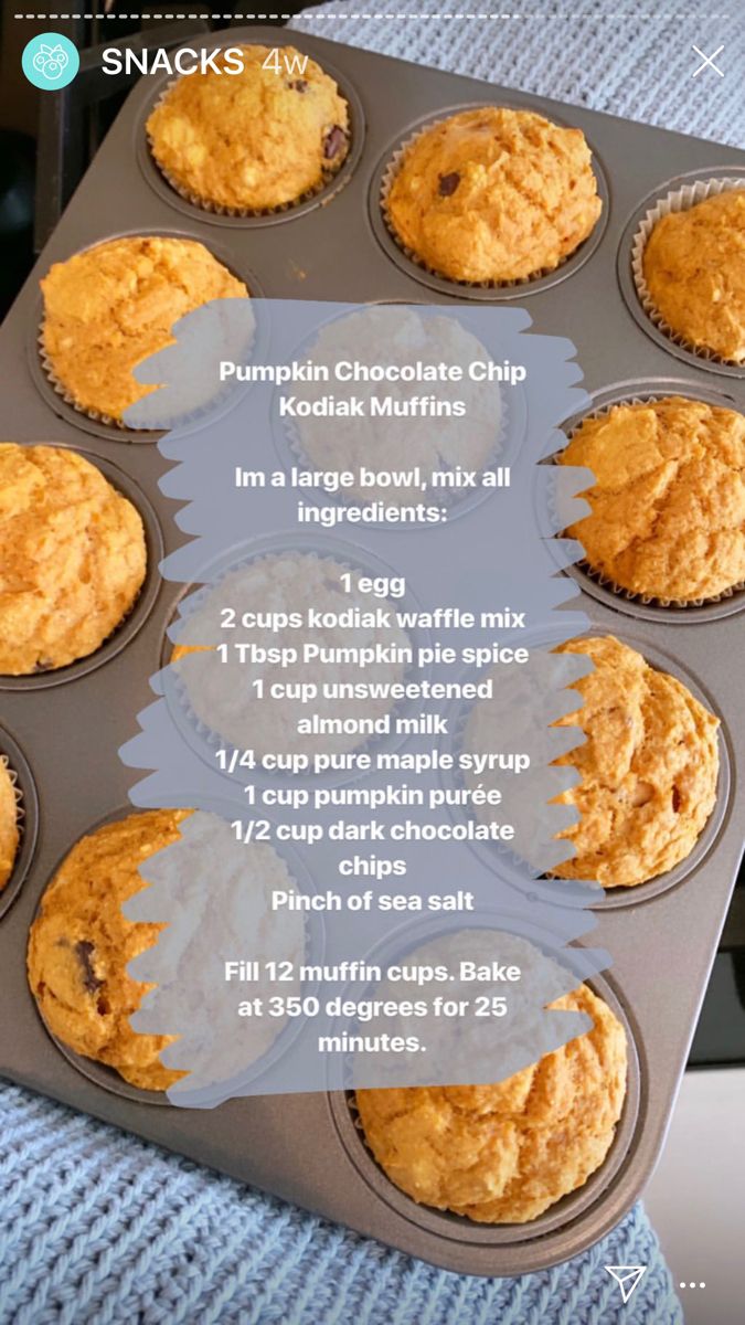 pumpkin chocolate chip muffins in a baking pan with instructions on the bottom side