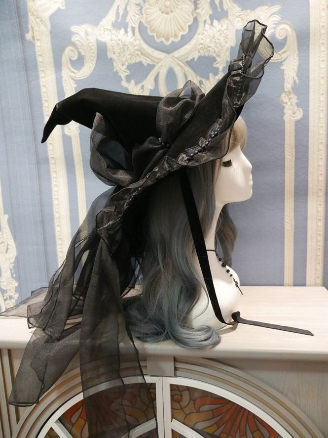 This price is for a hat only. Witch Hats Costume, Black Witch Hat, Wizard Hat, Witch Dress, Pearl Lace, Magic Hat, Witch Halloween Costume, Long Veil, Witch Outfit