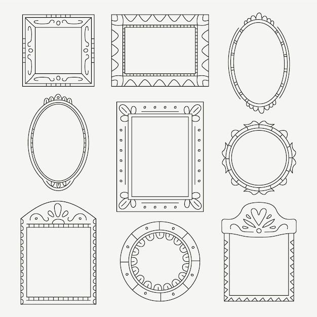 a set of different frames with decorative designs on the front and back, all outlined in black