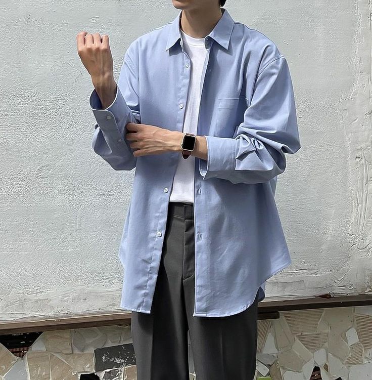 Blue Outfit Korean Men, Style Kampus, Flag Photoshoot, Japan Style Outfits, Blue Outfit Men, Outfit Cowok, Korean Street Fashion Men, Mens Business Casual Outfits, Men Fashion Casual Shirts