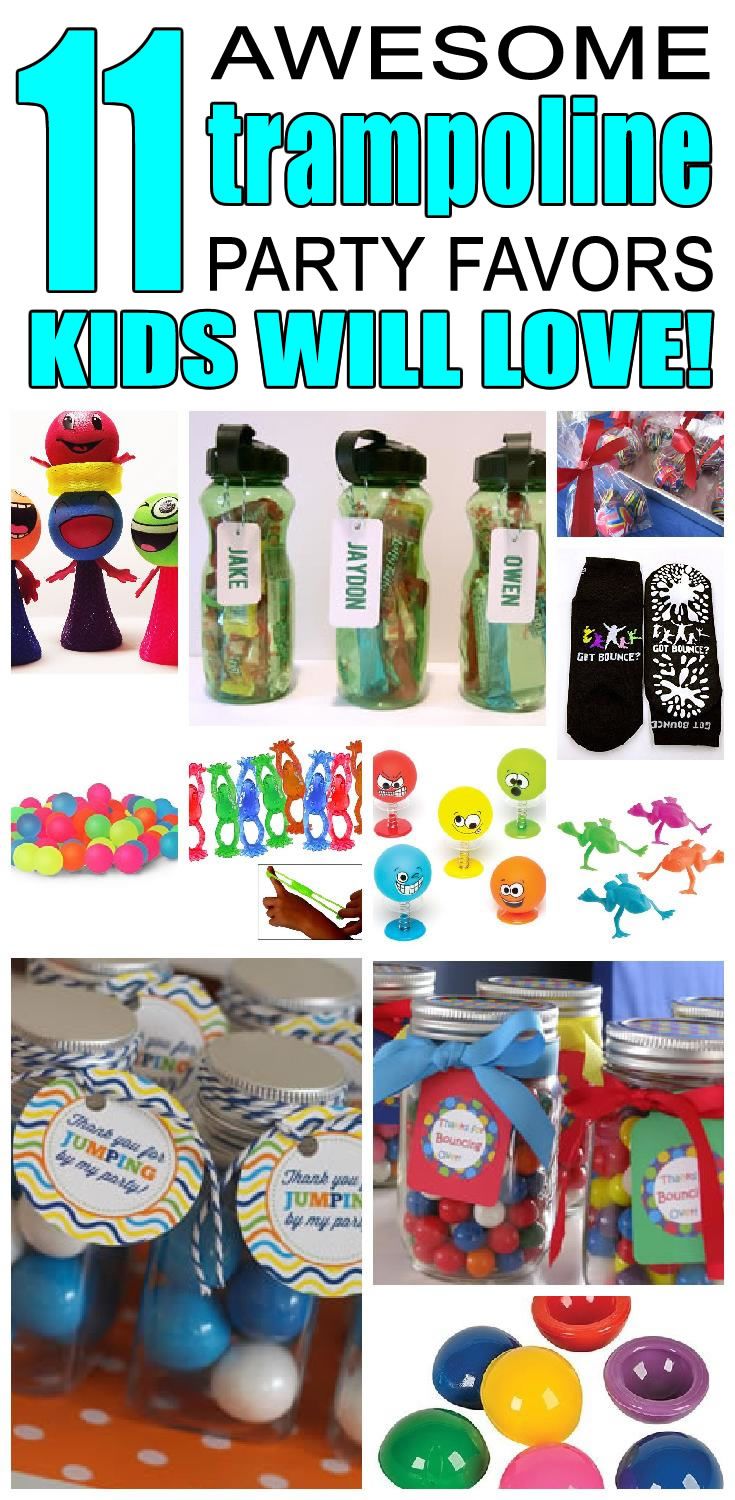 an assortment of party favors for kids with the words 11 awesome trampoline party favors