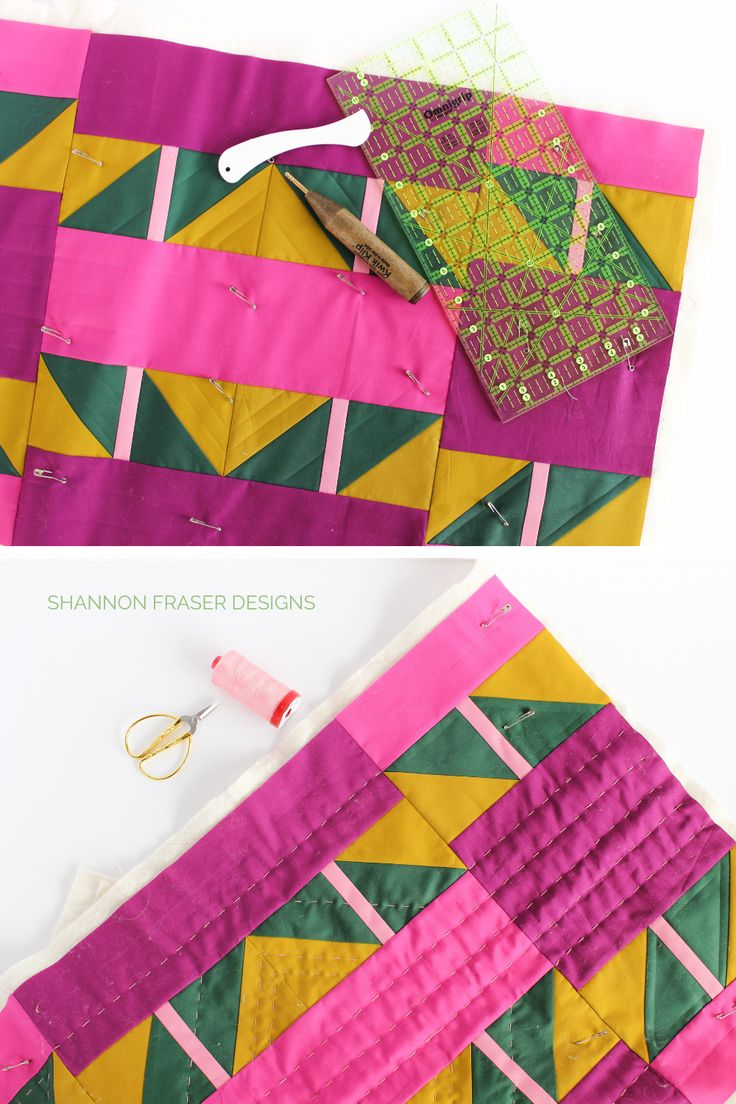 two pictures showing how to make a quilt with different colors and patterns on the fabric