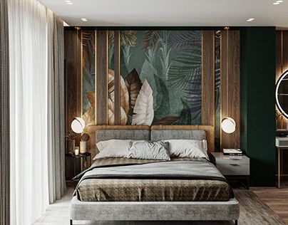 a bedroom with green walls and white curtains on the windowsill is decorated with tropical leaves