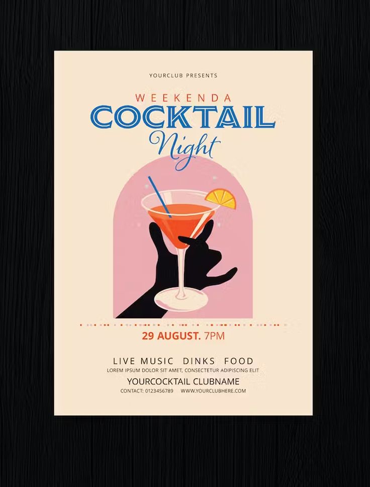 a flyer for a cocktail night with a hand holding a drink