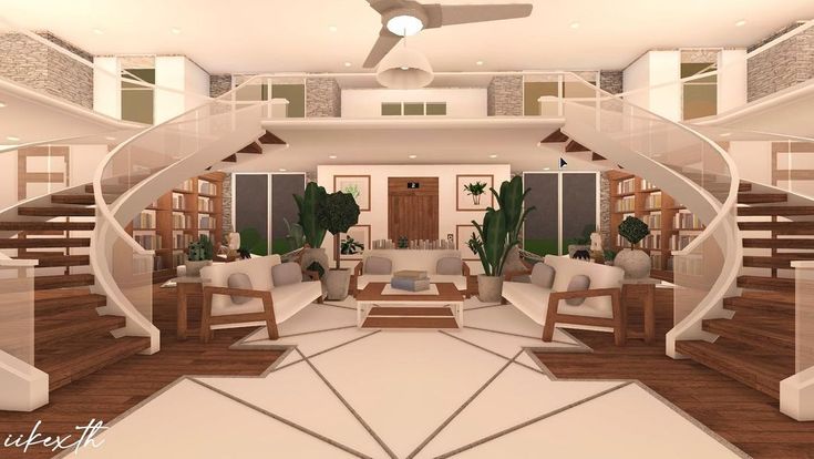 a living room filled with lots of furniture next to a spiral stair case in front of a ceiling fan