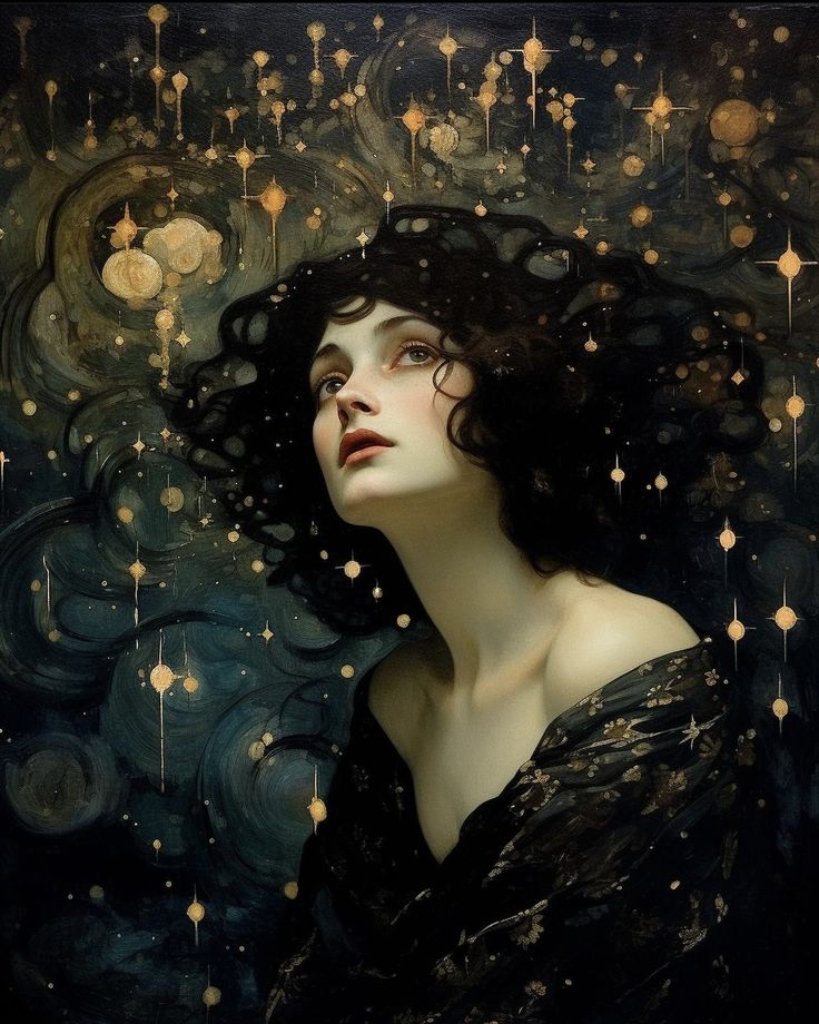 a painting of a woman with stars in the background