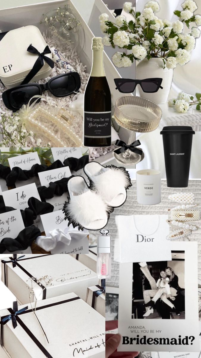 a collage of photos with white flowers, black and white accessories, and wine bottles