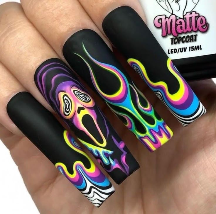 13 Nail Design, Halloween Rave Nails, Dubstep Nails, Simple Goth Nails Acrylic, Neon Funky Nails, Hand Painted Acrylic Nails, Trippy Halloween Nails, Rainbow Halloween Nails, Black And Bright Nails