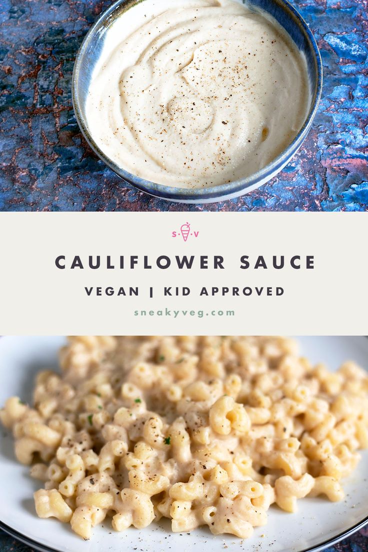 cauliflower sauce in a bowl next to macaroni and cheese on a plate