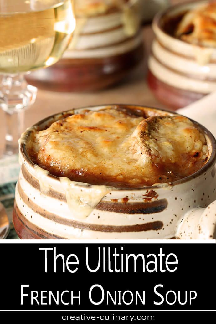 the ultimate french onion soup is served in an old - fashioned casserole dish