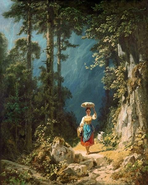 a painting of a woman carrying a basket on her head walking down a path in the woods