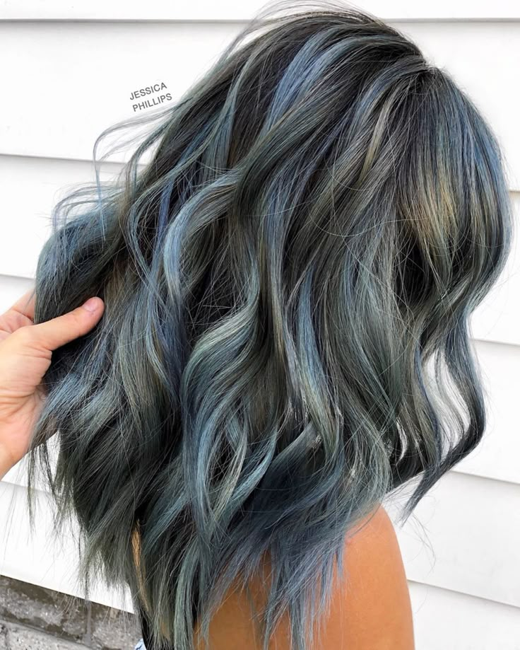 Denim Blue Highlights In Brown Hair, Navy Blue Hair On Brown Hair, Blue Denim Hair Color, Blue Gray Highlights On Dark Hair, Brown Hair With Light Blue Highlights, Denim Blue Hair Color, Ash Blue Hair Color Highlights, Light Blue Balayage, Blue Balayage Hair Brunettes