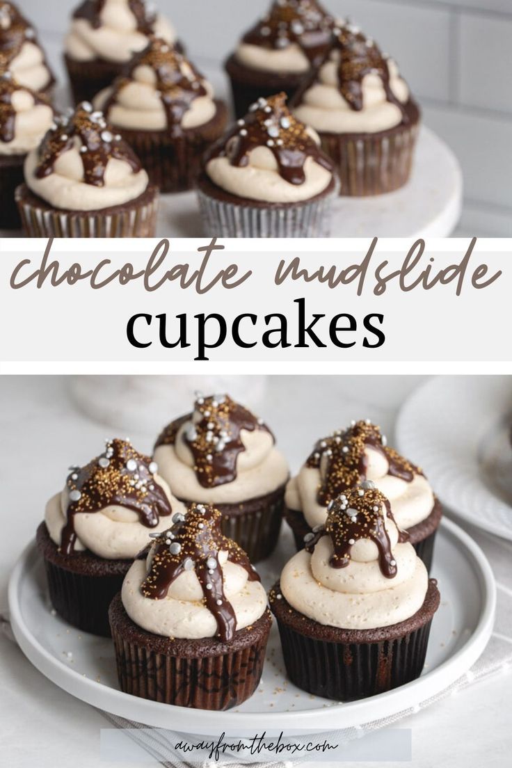 chocolate muddled cupcakes with white frosting and gold sprinkles