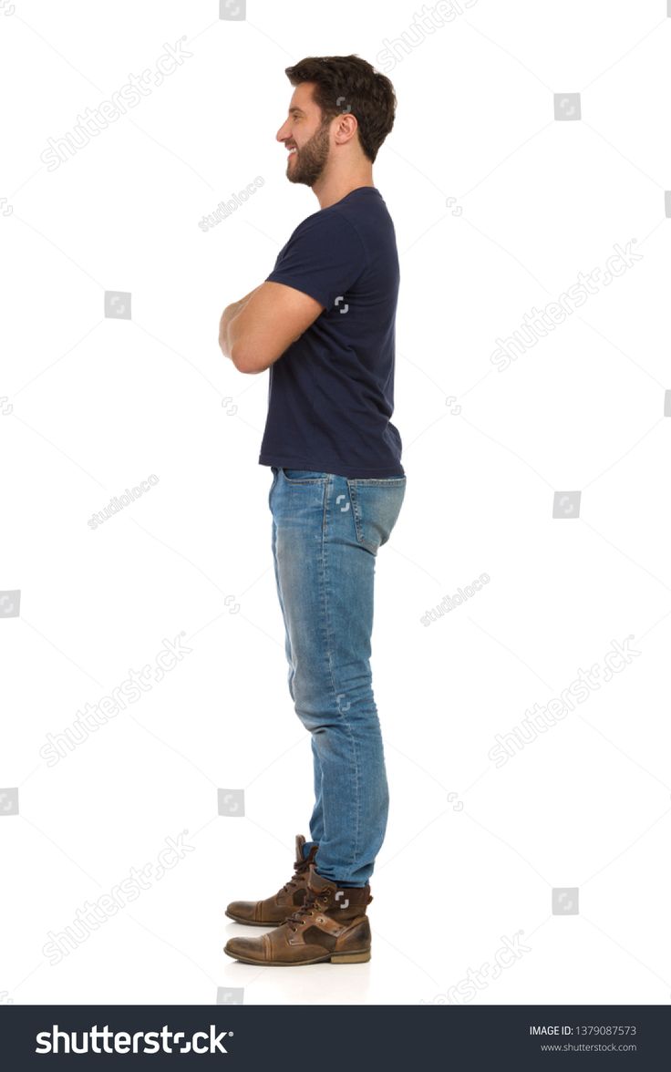 Man in jeans and blue t-shirt is standing with arms crossed, looking away and smiling. Side view. Full length studio shot isolated on white. #Ad , #SPONSORED, #arms#standing#smiling#crossed Arms Crossed Pose Side View, Standing With Arms Crossed Pose, Arms Crossed Side View, Man Standing Side View, Arms Side View, Jeans Side View, Person Standing Side View, Draw Crossed Arms, Cross Arms Pose Reference