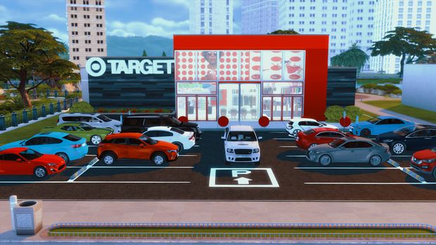 a parking lot filled with lots of cars next to tall buildings and traffic lights in front of a target store