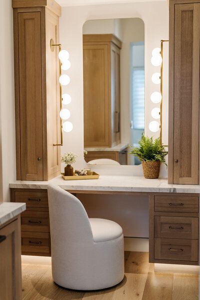 a white chair sitting in front of a vanity with lights on the mirror above it