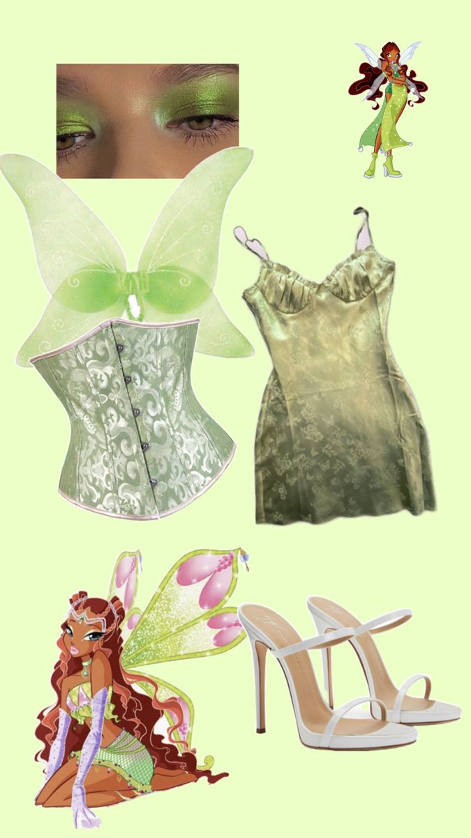 a woman's green dress and shoes with fairy wings on them, including a corset