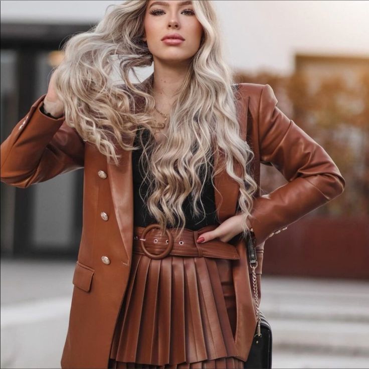 Blogger’s Fav Faux Leather Business Jacket, Elegant Brown Leather Jacket For Fall, Winter Office Blazer In Faux Leather, Winter Office Faux Leather Blazer, Elegant Brown Leather Jacket For Winter, Chic Leather Blazer For Winter, Chic Double-breasted Leather Jacket For Winter, Chic Double-breasted Leather Jacket For Fall, Chic Brown Double-breasted Leather Jacket